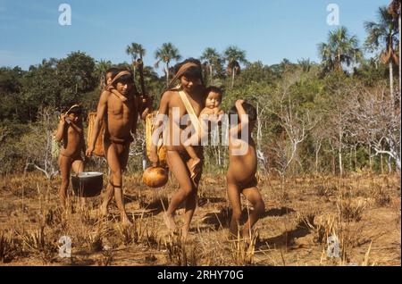 Venezuela, southern Bolívar State: semi-nomadic Indians of Eñepa (Panare) ethnic group traveling in savanna, during seasonal displacement between rainfores Stock Photo