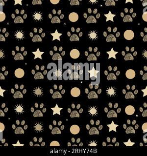 Sun, stars and paw prints. Seamless fabric design pattern Stock Vector