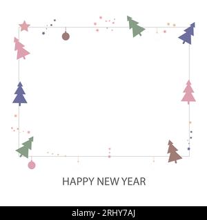 Christmas pastel colored light bulbs stars and pine trees greeting card and frame Stock Vector