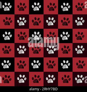 Plaid red and black pattern Christmas design with paw prints seamless fabric design pattern Stock Vector