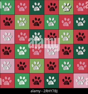 Plaid red, green and pink pattern Christmas design with paw prints seamless fabric design pattern Stock Vector
