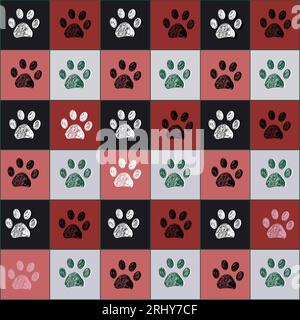 Plaid pattern Christmas design with paw prints seamless fabric design pattern Stock Vector