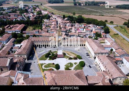 Aerial view of Bentivoglio square in the center of the town of Gualtieri in the province of Reggio Emilia Stock Photo