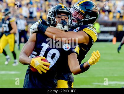 Pittsburgh Steelers wide receiver Calvin Austin III (19) runs the ball  during the first half of an NFL preseason football game against the Atlanta  Falcons, Thursday, Aug. 24, 2023, in Atlanta. The