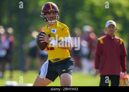 Landover, MD, USA - August 21, 2023 : Washington Commanders quarterback  Jake Fromm (11) throws the p