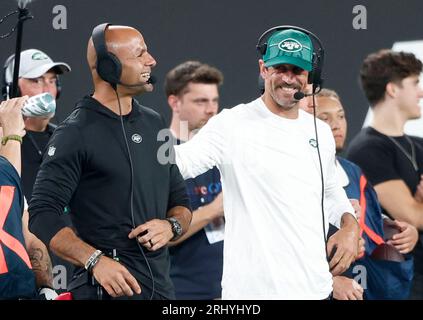 East Rutherford, United States. 19th Aug, 2023. New York Jets head coach Robert Saleh stands with quarterback Aaron Rodgers on the sidelines in the first half against the Tampa Bay Buccaneers in a preseason game at MetLife Stadium in East Rutherford, New Jersey on Saturday, August 19, 2023. Photo by John Angelillo/UPI Credit: UPI/Alamy Live News Stock Photo