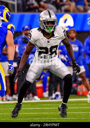 Las Vegas Raiders cornerback David Long Jr. (28) is seen during warm ups  before an NFL preseason football game against the Dallas Cowboys, Saturday,  Aug. 26, 2023, in Arlington, Texas. Dallas won