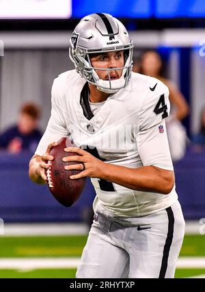 Las Vegas Raiders quarterback Aidan O'Connell (4) speaks during a news ...