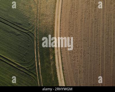 Aerial view of a agriculture land with a plowed dirt field, a dirt road and a green crop field in spring Stock Photo