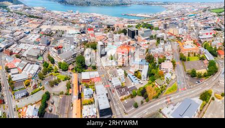 CBD and downtown of Dunedin city in New Zealand - streets and historic architecture around the Octagon. Stock Photo