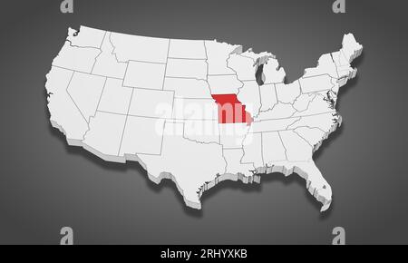 Missouri State Highlighted on the United States of America 3D map. 3D Illustration Stock Photo