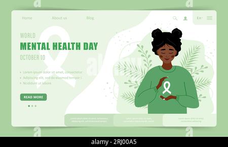 World mental health day. Landing page template. Happy african woman with ribbon. Annual international health campaign. Vector illustration in flat Stock Vector