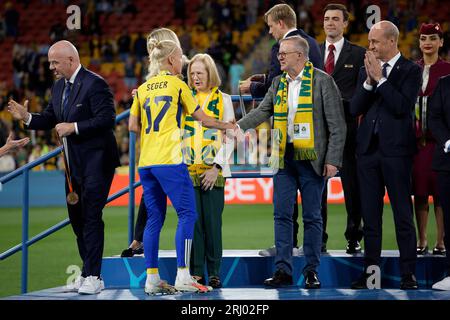 Brisbane, Australia. 19th Aug, 2023. Prime Minister of Australia, Anthony Albanese on stage congratulating the third place winners their medal after the FIFA Women's World Cup Australia and New Zealand 2023 Third Place match between Sweden and Australia at Brisbane Stadium on August 19, 2023 in Brisbane, Australia Credit: IOIO IMAGES/Alamy Live News Stock Photo