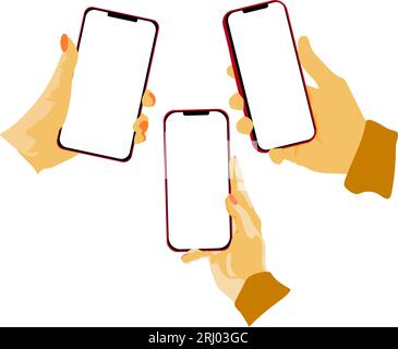 Flat vector hands with phones. Hands holding phones with empty screens mock up. Social media interaction. Social network communication on mobile app Stock Vector