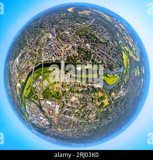 Aerial view, city center with river Ruhr and Ruhr island, globe, fisheye shot, 360 degree shot, tiny world, Altstadt I, Mülheim an der Ruhr, Ruhrgebie Stock Photo