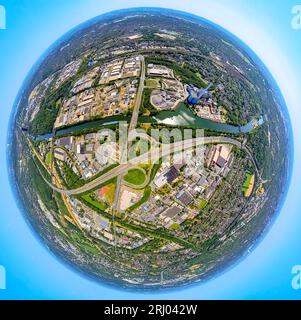 Aerial view, freeway A42 junction Oberhausen-Buschhausen, Rhine-Herne canal, GMVA Niederrhein GmbH, globe, fisheye shot, 360 degree shot, tiny world, Stock Photo