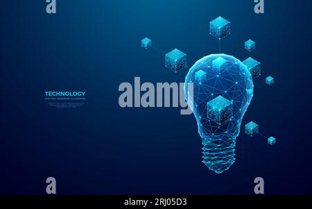 Abstract linked blocks and light bulb on technology blue background Stock Vector