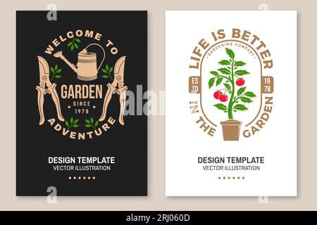 Set of gardening and yard work services poster, banner. Vector illustration. Poster design with hand secateurs, garden pruner, watering can, potted Stock Vector