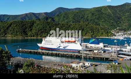 Picton, Marlborough Sounds / Aotearoa / New Zealand - July 14, 2023: Inter island Cook Strait ferry terminal with Interislander ferry Stock Photo