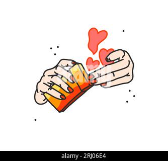 Hand drawn vector abstract flat graphic illustration print with retro ,vintage modern female hands with a pack of cigarettes in hearts.Funky pop art Stock Vector