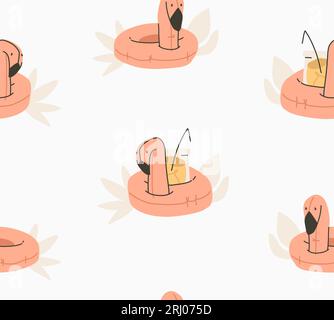 Hand drawn vector abstract stock graphic summer cartoon,creative modern minimalistic illustration seamless pattern with boho flamingo cocktails rings Stock Vector