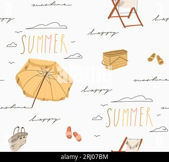 Hand drawn vector abstract stock graphic summer cartoon,creative modern minimalistic illustration seamless pattern with boho beach umbrella and Stock Vector