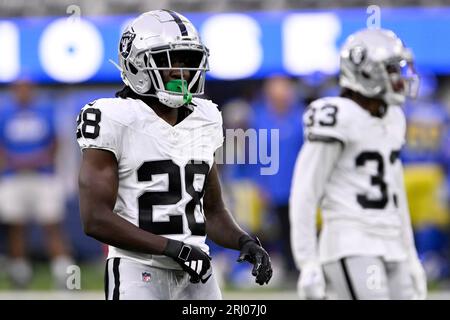 Las Vegas Raiders cornerback David Long Jr. (28) is seen during warm ups  before an NFL preseason football game against the Dallas Cowboys, Saturday,  Aug. 26, 2023, in Arlington, Texas. Dallas won