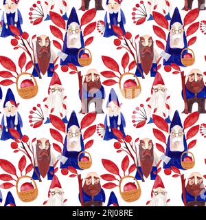 Autumn gnomes. Watercolor seamless pattern for fabrics, home textiles, clothes and wrapping paper. Fairytale vintage style. White background Stock Photo