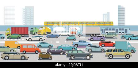 Urban silhouette of a city with traffic jam, illustration Urban silhouette of a city with traffic jam, illustration Stock Vector