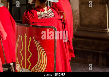 Reenactment detail with roman legionary soldiers uniforms Stock Photo