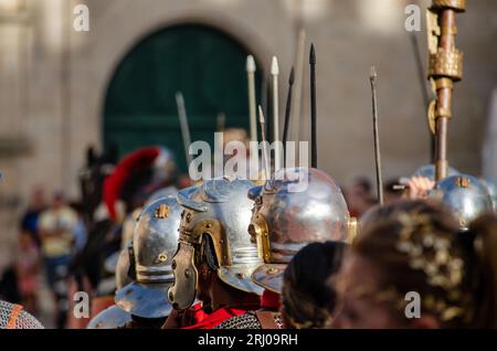 selective focus, roman soldiers in a historical reenactment. People performing a Roman legion Stock Photo