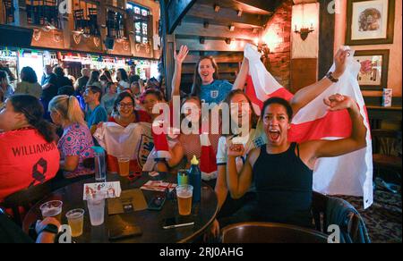 Brighton UK 20th August 2023 - England fans look happy as they gather in the King & Queen pub in Brighton ready to watch  England take on Spain in the Women's World Cup Final in Australia   : Credit Simon Dack / Alamy Live News Stock Photo