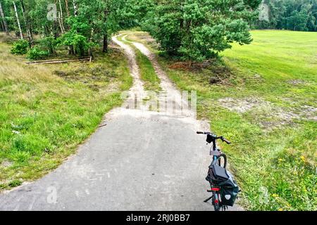 Low-altitude aerial view of a bicycle before the start of a bicycle tour through the Lüneburg Heath Stock Photo