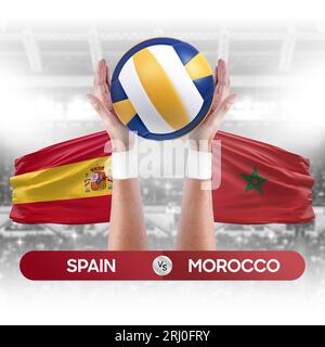 Spain vs Morocco national teams volleyball volley ball match competition concept. Stock Photo