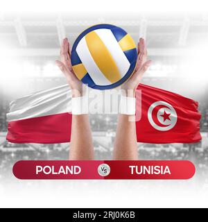 Poland vs Tunisia national teams volleyball volley ball match competition concept. Stock Photo