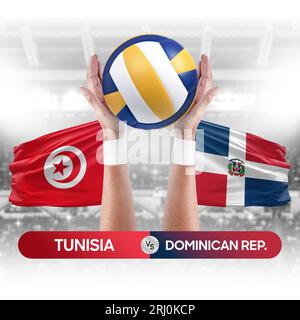 Tunisia vs Dominican Republic national teams volleyball volley ball match competition concept. Stock Photo