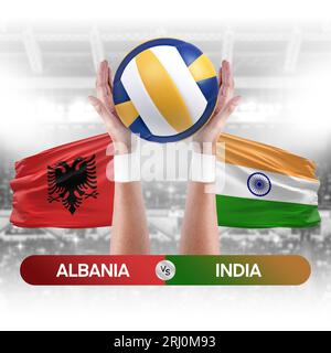 Albania vs India national teams volleyball volley ball match competition concept. Stock Photo