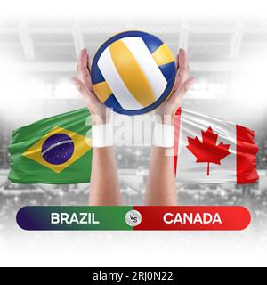 Brazil vs Canada national teams volleyball volley ball match competition concept. Stock Photo