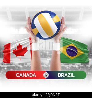 Canada vs Brazil national teams volleyball volley ball match competition concept. Stock Photo