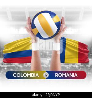 Colombia vs Romania national teams volleyball volley ball match competition concept. Stock Photo