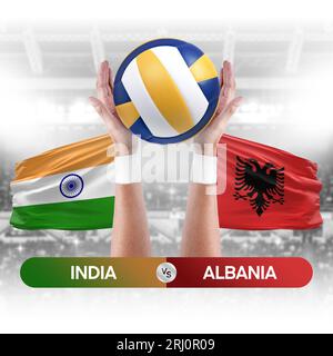 India vs Albania national teams volleyball volley ball match competition concept. Stock Photo