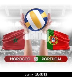 Morocco vs Portugal national teams volleyball volley ball match competition concept. Stock Photo