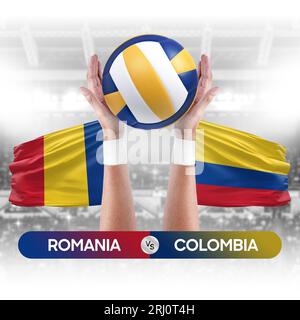 Romania vs Colombia national teams volleyball volley ball match competition concept. Stock Photo