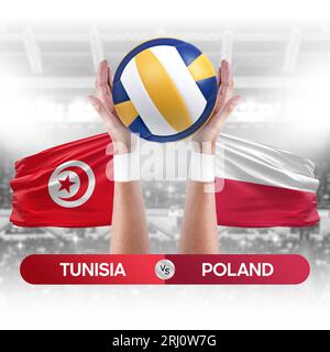 Tunisia vs Poland national teams volleyball volley ball match competition concept. Stock Photo