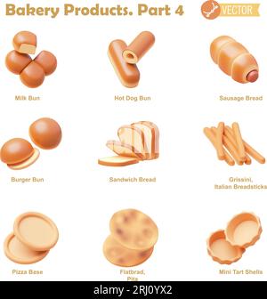 Vector bakery and pastry products icon set. Milk bun, hot dog and burger buns, sausage bread, sandwich bread, grissini, pizza base, flatbread, tart Stock Vector