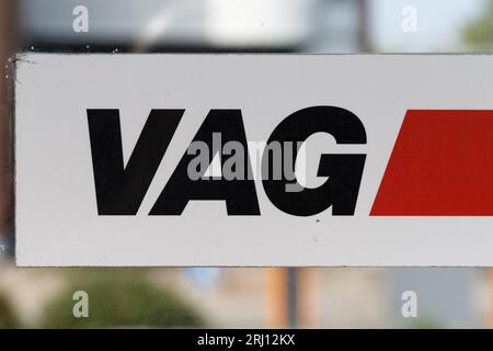 Nuremberg, Germany - August 18th, 2023: VAG Logo. The Verkehrs-Aktiengesellschaft Nürnberg (VAG; Nuremberg Transport Company) is the municipal company Stock Photo