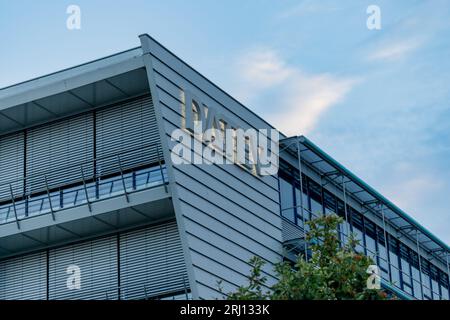 Nuremberg, Germany - August 18th, 2023: DATEV Logo at Streets of Nuremberg. DATEV is a german software house based in Nurmeberg, registered as coopera Stock Photo