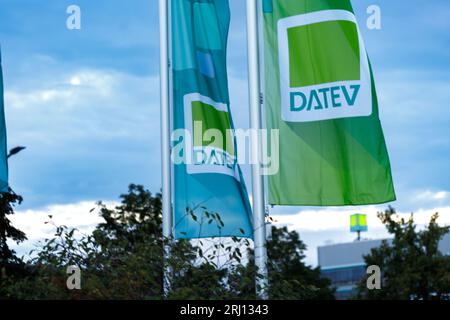 Nuremberg, Germany - August 18th, 2023: DATEV Logo at Streets of Nuremberg. DATEV is a german software house based in Nurmeberg, registered as coopera Stock Photo