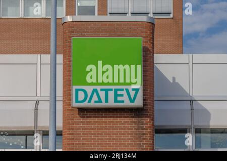 Nuremberg, Germany - August 18th, 2023: DATEV Logo at Streets of Nuremberg. DATEV is a german software house based in Nurmeberg, registered as coopera Stock Photo