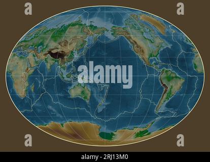 Tectonic plate boundaries on a physical map of the world in the Fahey projection centered on the meridian 180 longitude Stock Photo